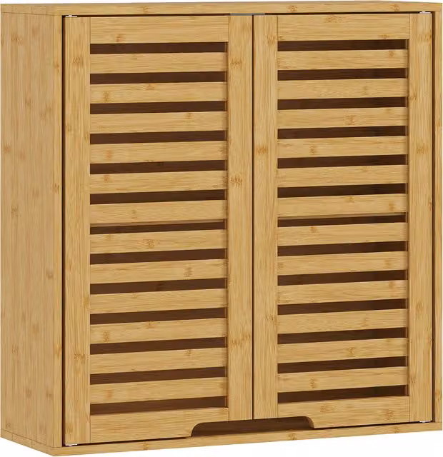 Pensile da bagno HOMCOM in bambù con ante a persiana e ripiano interno regolabile, colore marrone, L 60 cm x P 20 cm x H 60 cm