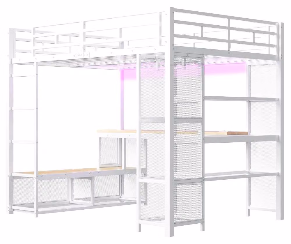 Letto a soppalco - Struttura in metallo - 140 x 200 cm - Spazio contenitivo - Armadio aperto - Porta USB - Illuminazione LED - Bianco