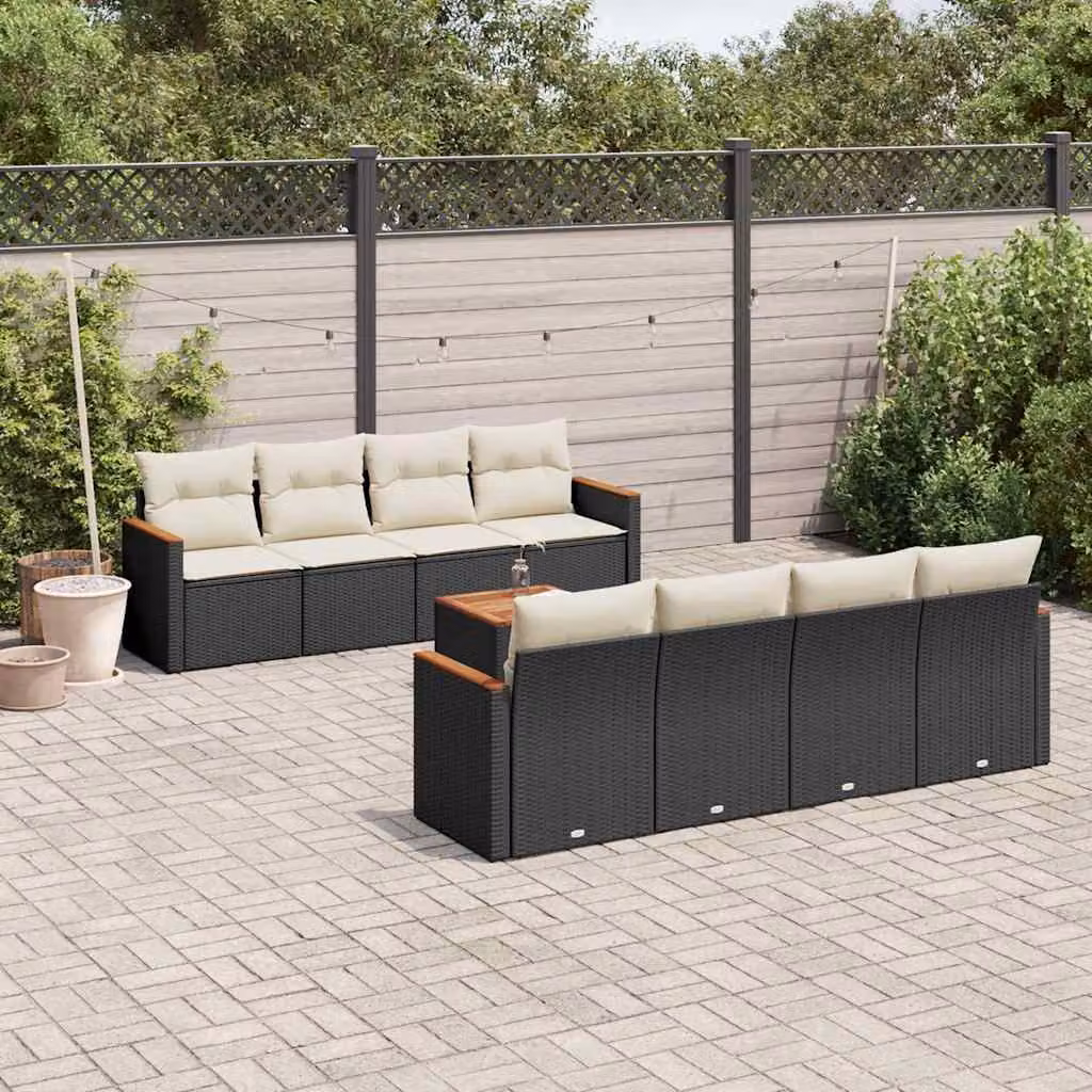 vidaXL Set Divani da Giardino 9 pz in Polyrattan Nero con Cuscini e Tavolino da Esterno – 1