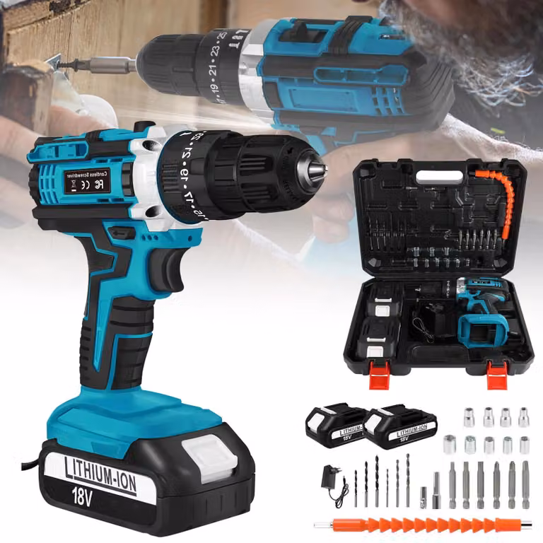 Trapano avvitatore a batteria - 18 V - Coppia di serraggio: 25 Nm - 25+1 livelli di coppia - 2 velocità variabili - Adatto per metallo