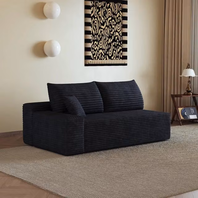 Divano angolare MIVRAY con chaise longue reversibile in tessuto a coste nero per soggiorno e camera da letto