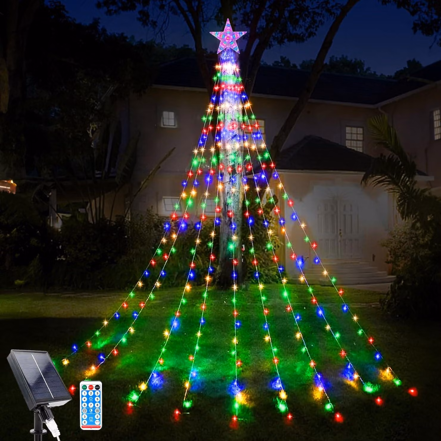 Catena luminosa a cascata solare, 2 metri, 198 LED, con telecomando, grado di protezione IP65