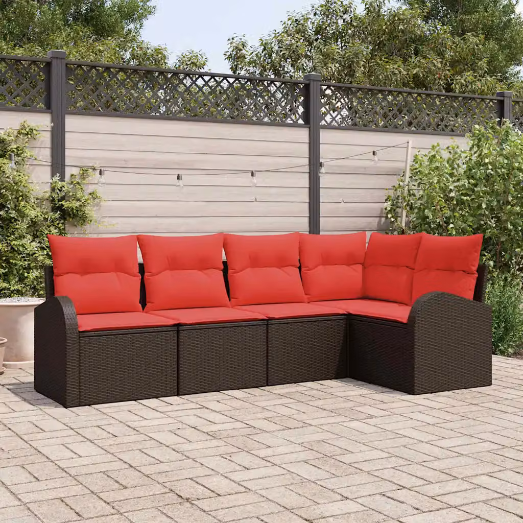 Set Divano da Giardino vidaXL 5 pz a Forma a L con Cuscini Marrone e Rosso in Polyrattan e Metallo