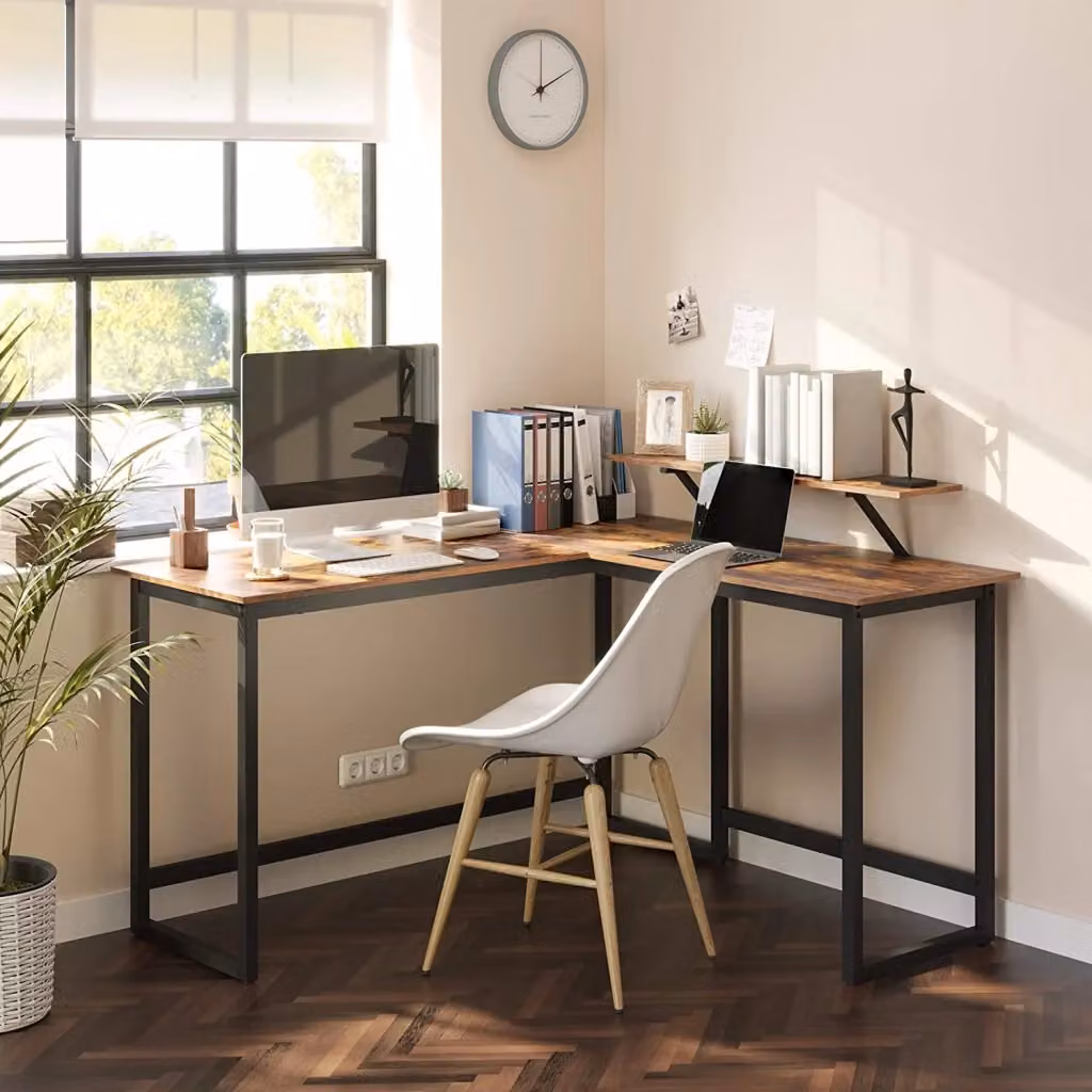 Scrivania rustica per computer Valora in legno e metallo per ufficio domestico, marrone e nero, L: 130 cm, P: 50 cm, H: 76 cm – 2