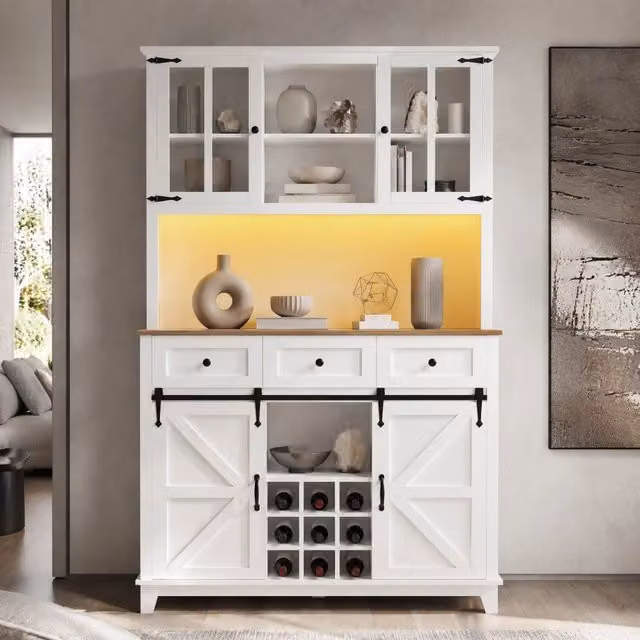 Hochschrank mit LED-Beleuchtung, 105×38,4×180 cm, verstellbare Ablagen, weiß, mit Schiebetür im Scheunenstil
