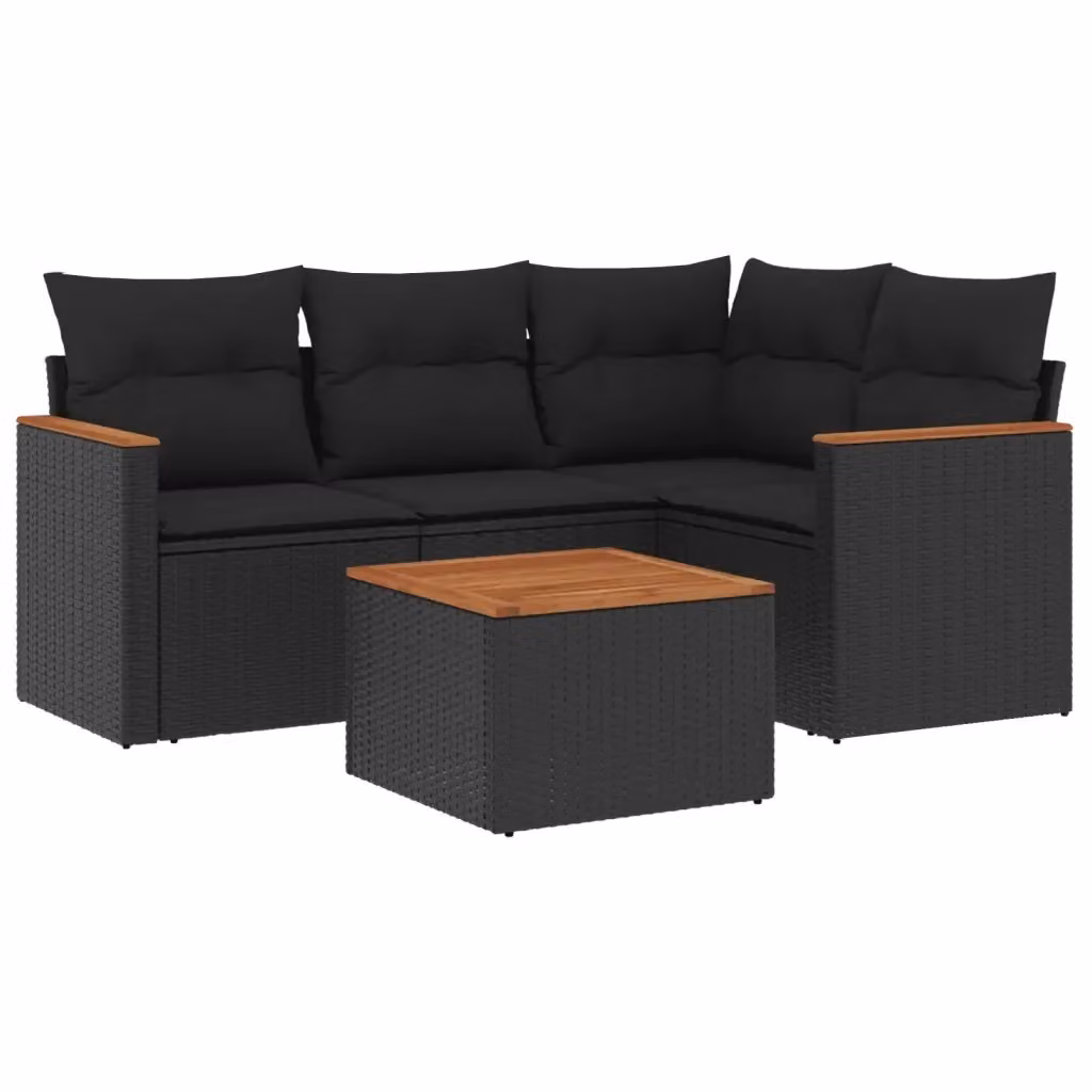 vidaXL Set Divani da Giardino a L 5 pz con Cuscini e Tavolino Nero in Polyrattan e Acciaio – 2