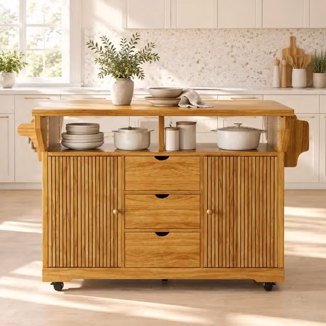 Carrello da cucina pieghevole con 3 cassetti e ripiani regolabili in MDF; marrone scuro