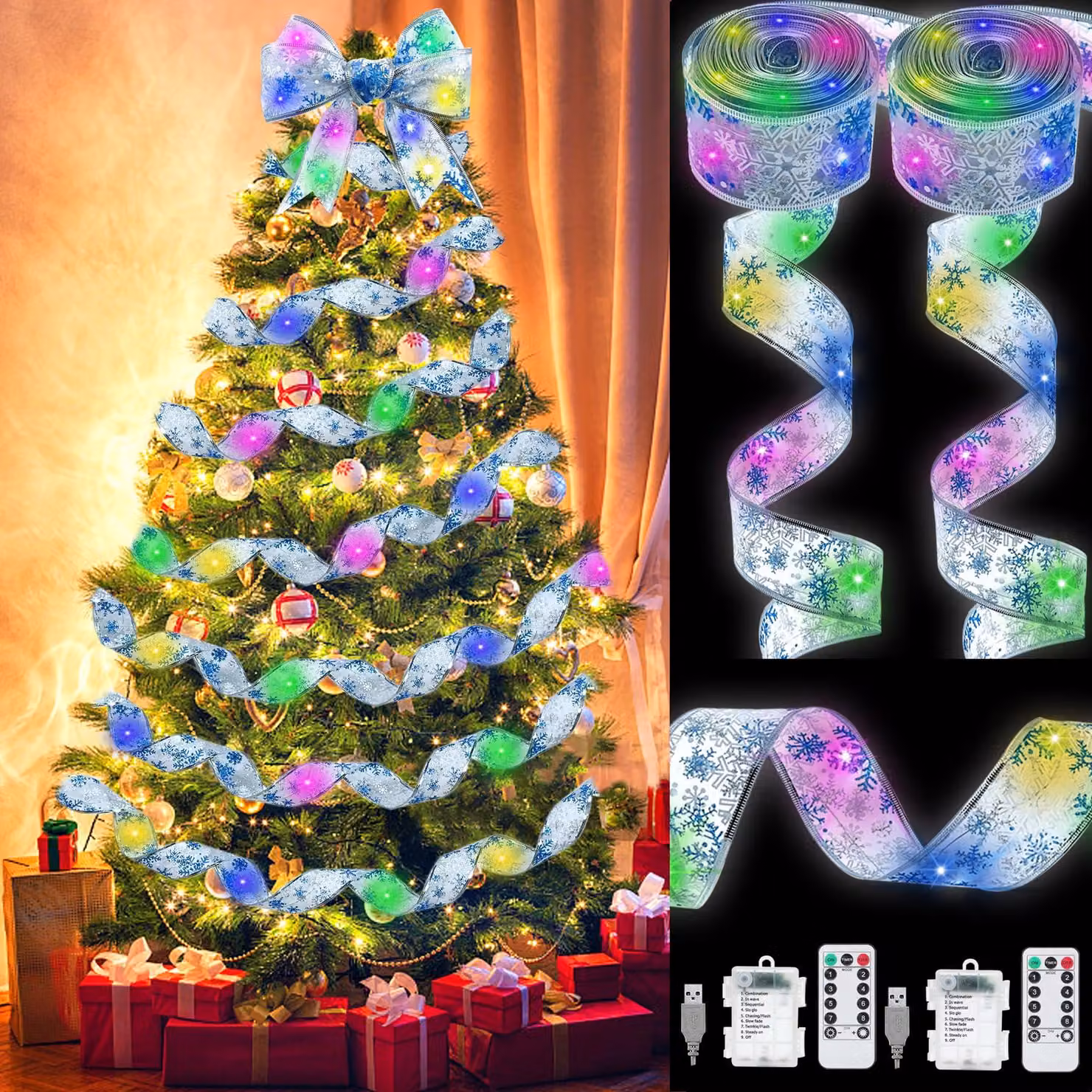 Catena luminosa a LED, 2 x 6 metri, 120 LED, a forma di fiocchi di neve, con timer e telecomando