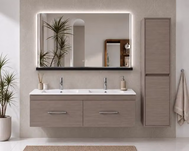 Mobile bagno con lavabo ORIGENBATH FLORENCIA senza specchio 120x45 cm doppia vasca rovere smoky con colonna