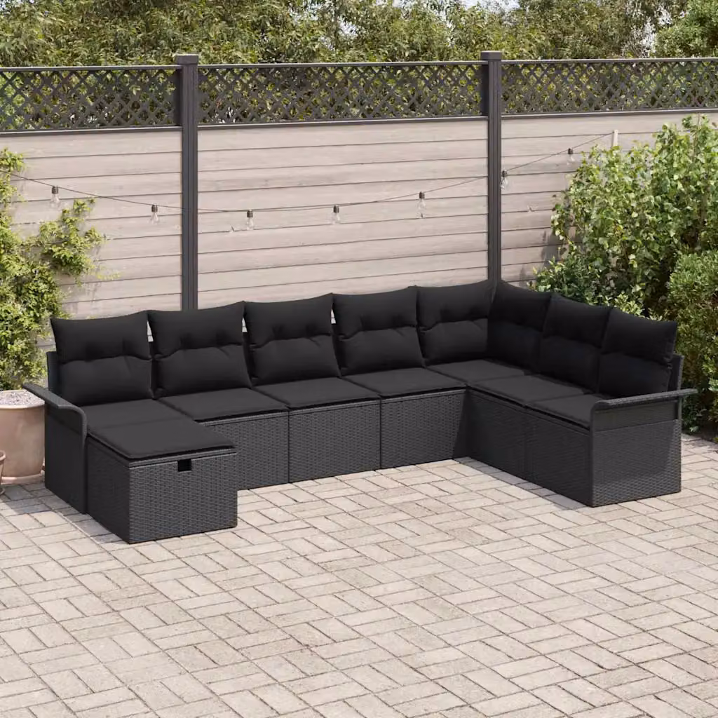Set Divano da Giardino a L vidaXL in Polyrattan con Cuscini Nero e Beige, 8 Pezzi – 1