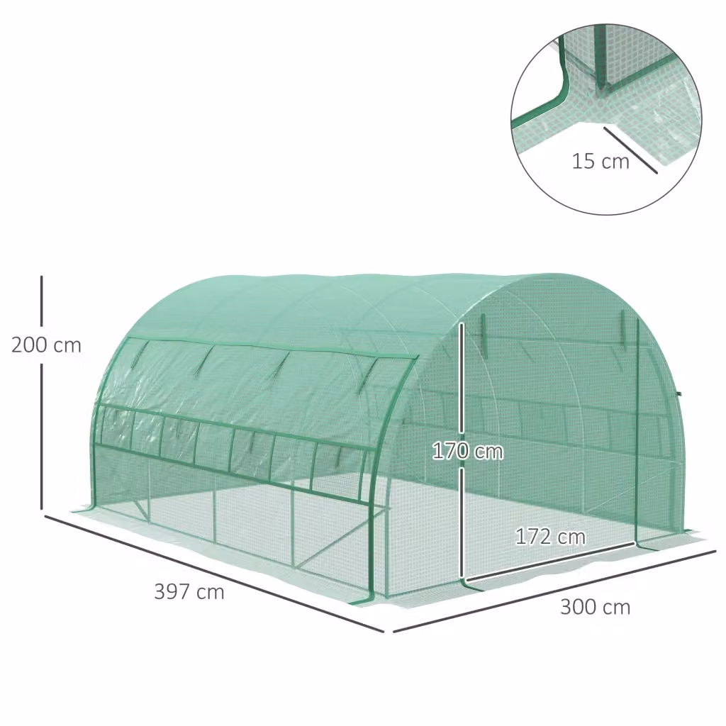 Serra da giardino WISHDOR in PE e acciaio zincato con finestre, verde, L: 397 cm, P: 300 cm, H: 200 cm – 2