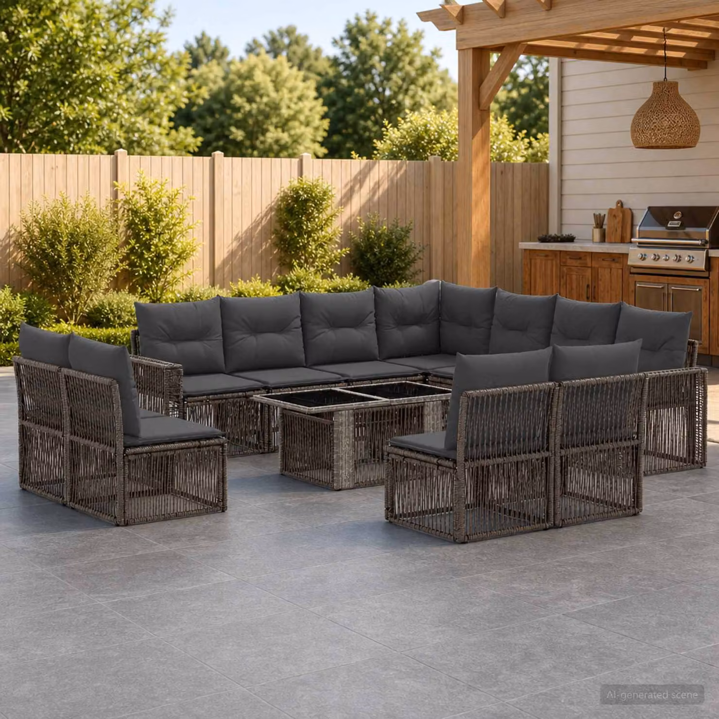 Set Divano da Giardino vidaXL 12 Pezzi a Forma di U in Polyrattan Grigio con Tavolino e Cuscini