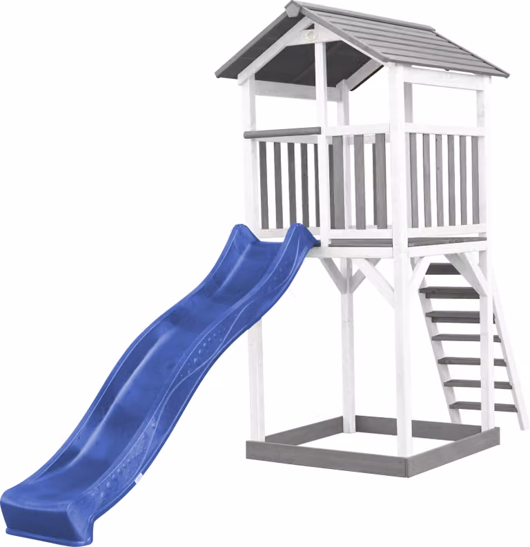 AXI Beach Tower Parco giochi in legno in grigio e bianco | Torre di gioco per bambini con sabbiera e scivolo blu | Casa per bambini su palafitte per il giardino