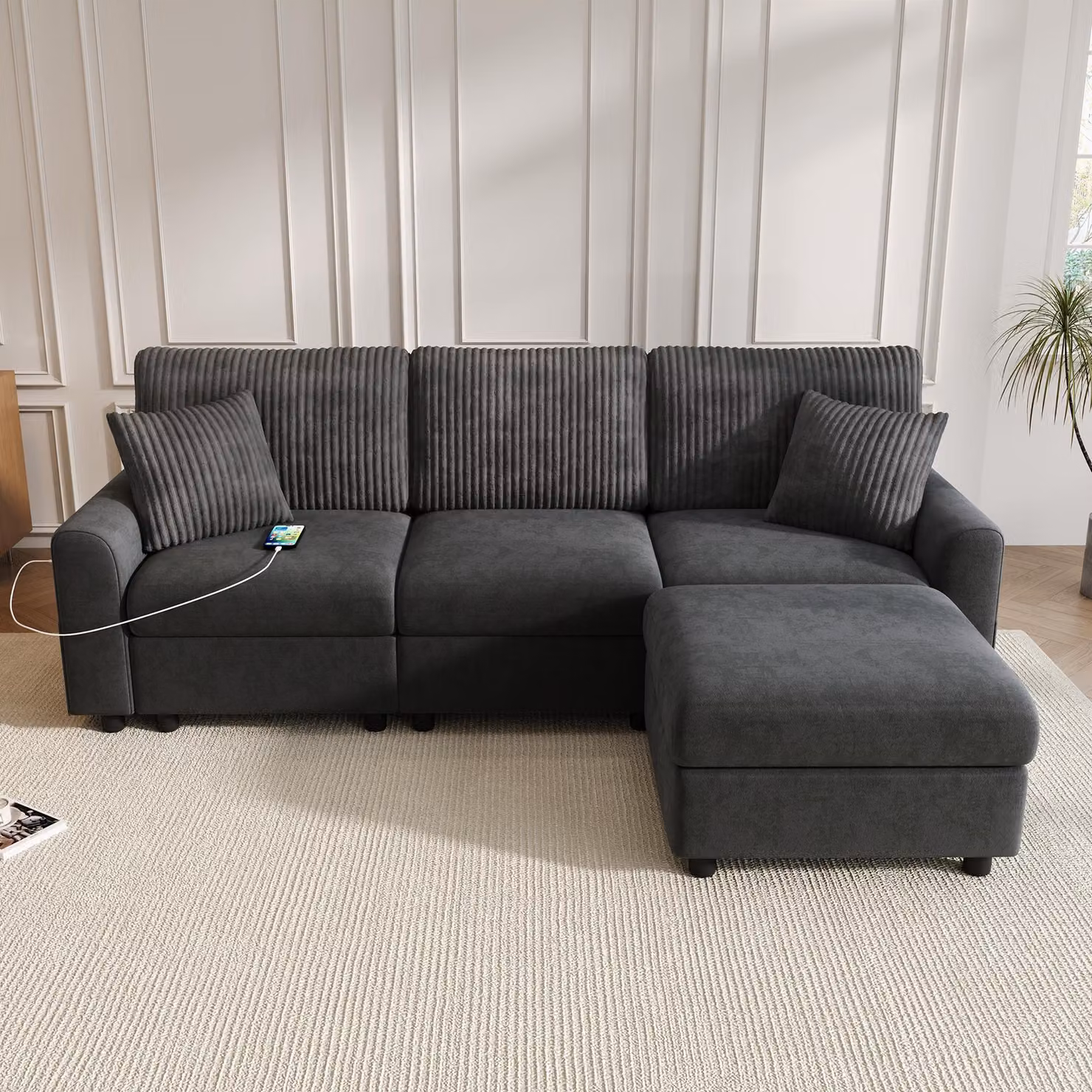 Merax Divano moderno a 3 posti, divano ad angolo a L con poggiapiedi, rivestimento in ciniglia, porta USB Type-C, con cuscini, divano grande da salotto, nero