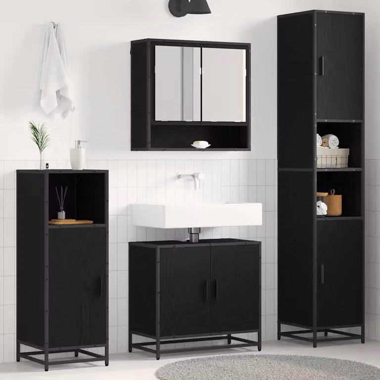 Set di mobili per il bagno vidaXL 3 pezzi in rovere e nero con armadietto a specchio, mobile lavabo e colonna alta