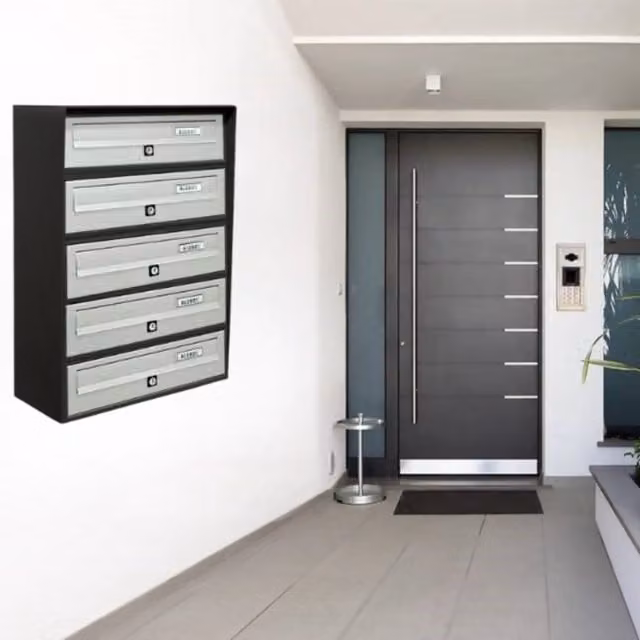 ALUBOX SLIM Cassette Postali Condominiali da 5 Posti in Alluminio e Lamiera Zincata con Sistema Anti Prelievo, Colore Antracite Argento, L: 63 cm, P: 39 cm, H: 30 cm – 1