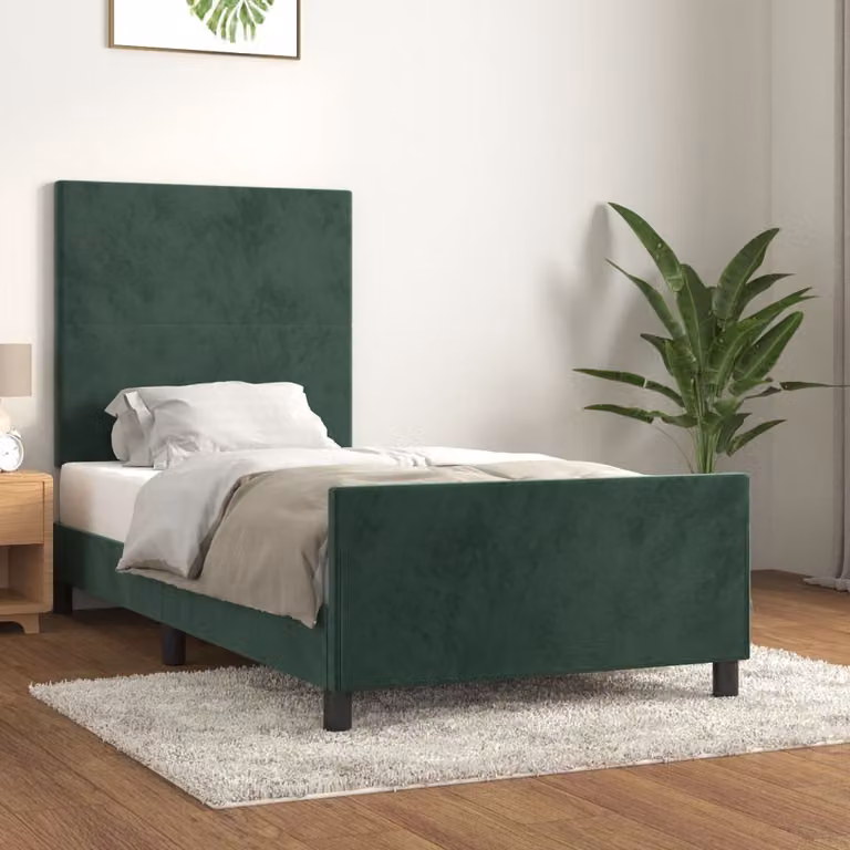 The Living Store Struttura letto con testiera in velluto verde scuro 100x200 cm