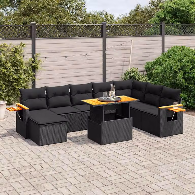 vidaXL Set Divani da Giardino 9 pz in Polyrattan Nero con Cuscini e Tavolino