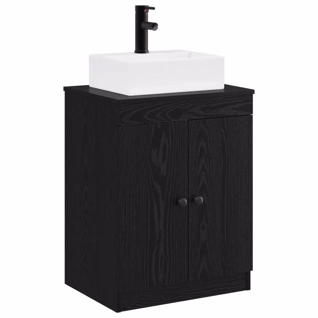 Set di mobili per il bagno moderno vidaXL in legno ingegnerizzato nero e rovere con ante a battente e ripiani interni, freestanding – 2