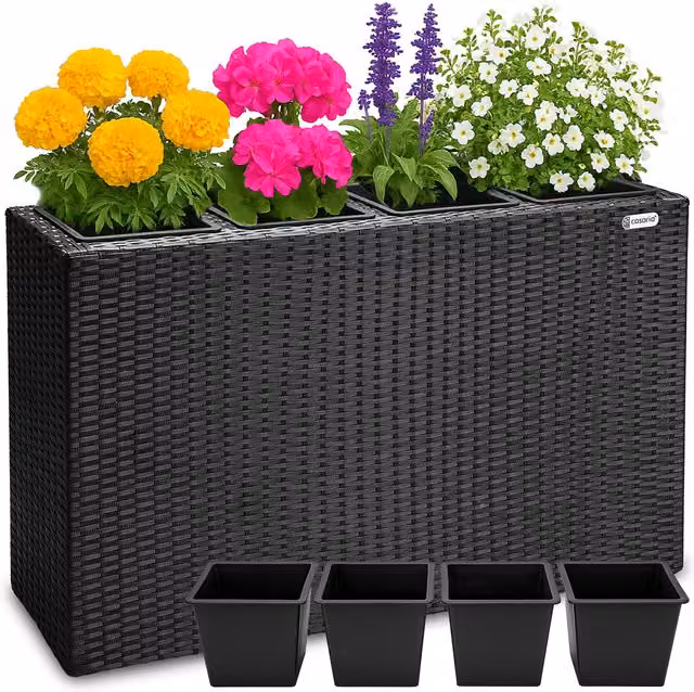 Fioriere da esterno Casaria con 4 vasi effetto intrecciato, colore nero, L 95 cm x P 27 cm x H 60 cm