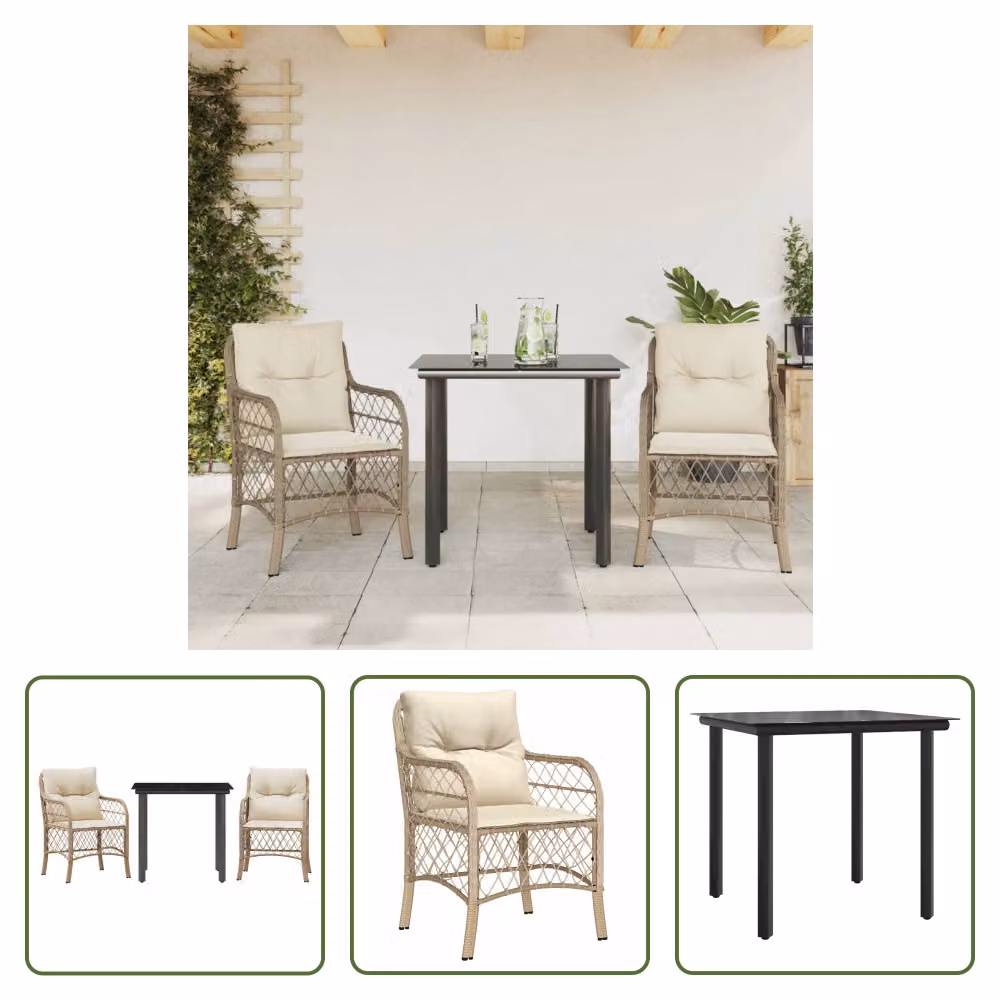 The Living Store Set da bistrot 3 pezzi con cuscini Beige poly rattan