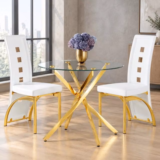 Set tavolo e sedie con tavolo da pranzo rotondo e 2 sedie imbottite, vetro temperato metallo e pelle PU trasparente bianco oro
