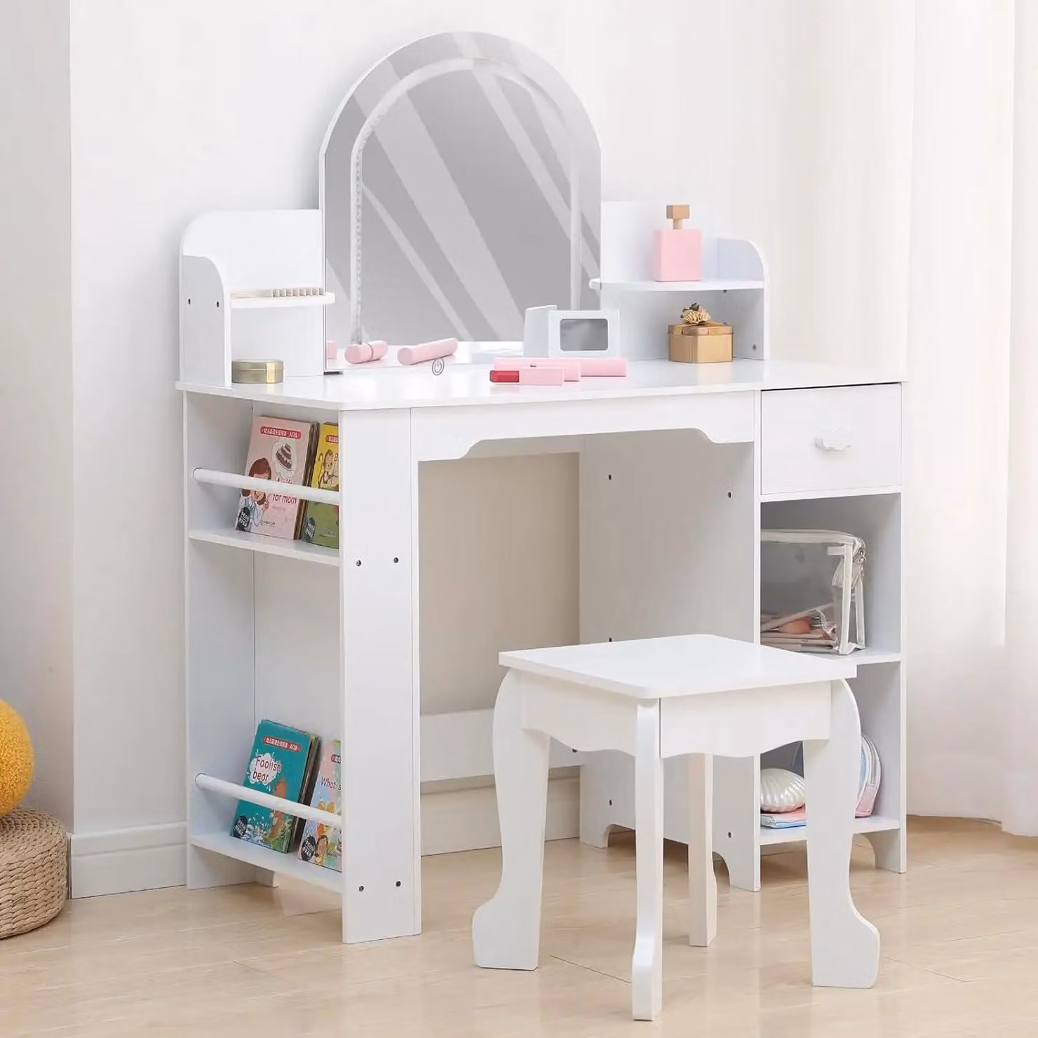 Tavolino da trucco per bambini con specchio a LED - Tavolino da gioco con sgabello - Cassetti e ripiano - Struttura in legno - Ideale per giochi di ruolo a partire dai 3 anni - Bianco