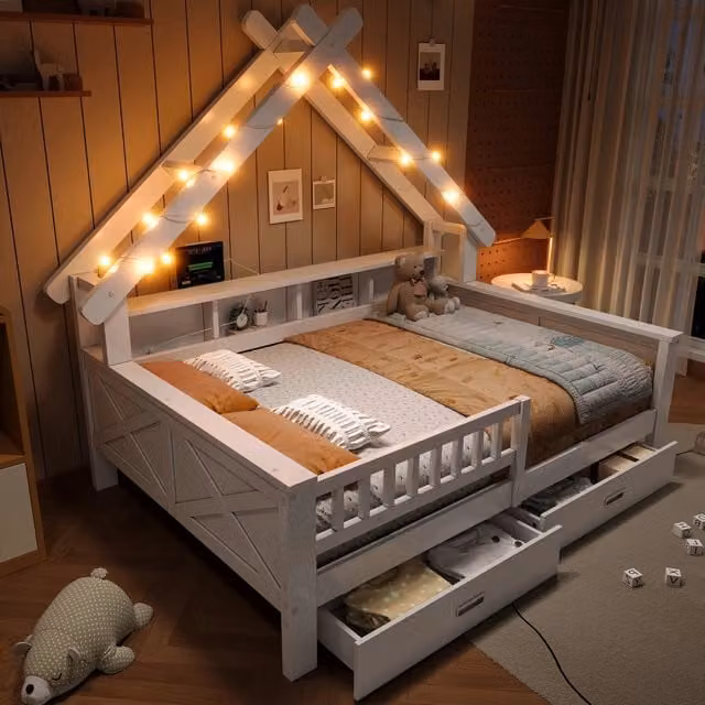 Letto a casetta 140x200 cm con illuminazione LED; sponde protettive e cassetti; bianco