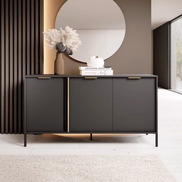 Madia Hamagami DMORA con 3 ripiani, colore nero e oro, L 153 cm x P 40 cm x H 81 cm