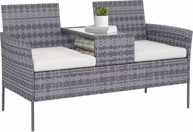 Divano da giardino a 2 posti Xylo con tavolino e cuscini in polyrattan nero, L: 135 cm, P: 64 cm, H: 81 cm – 1
