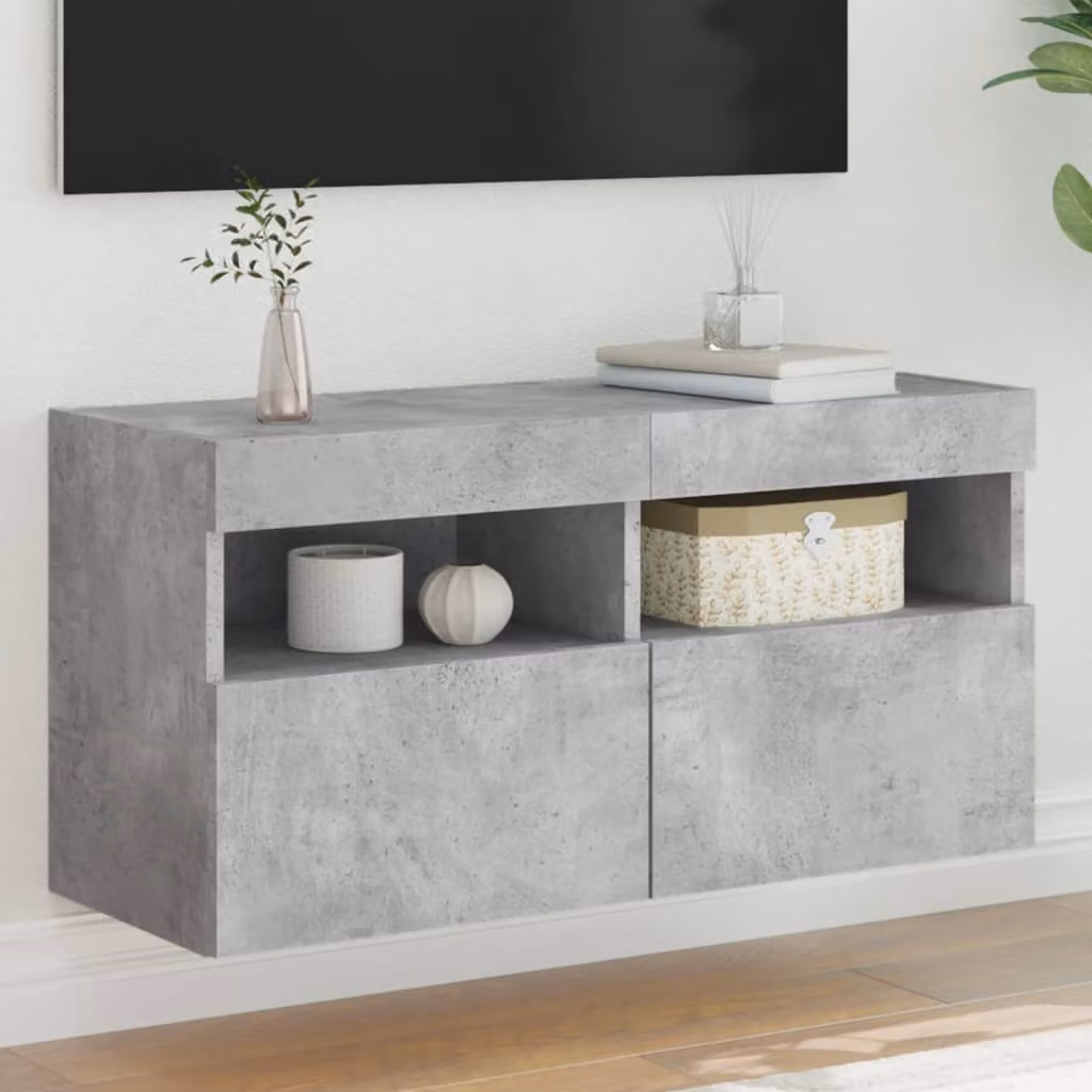 Mobile TV a parete con luci LED vidaXL, Grigio Cemento, L: 80 cm, P: 30 cm, H: 40 cm
