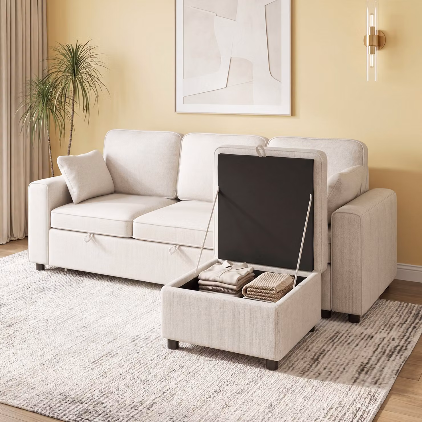 Divano letto angolare HOMCOM a 3 posti in ciniglia beige con pouf contenitore reversibile e funzione letto per adulti – 2
