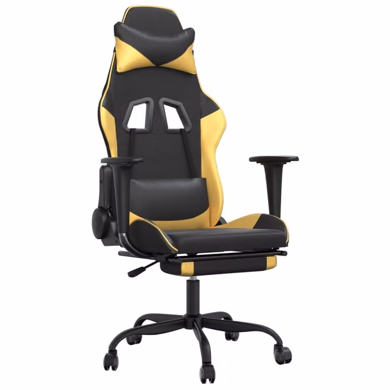 Sedia da Gaming con Poggiapiedi Nero e Oro in Pelle finta