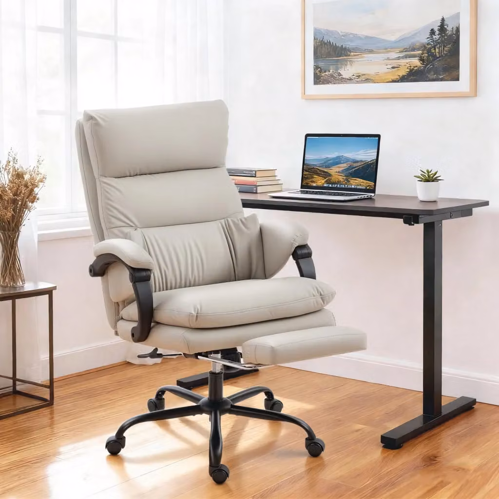 Sedia da Ufficio Executive Giordanoshop con Massaggio e Riscaldamento, Reclinabile 135° con Poggiapiedi, in Pelle PU Grigio Chiaro – 2