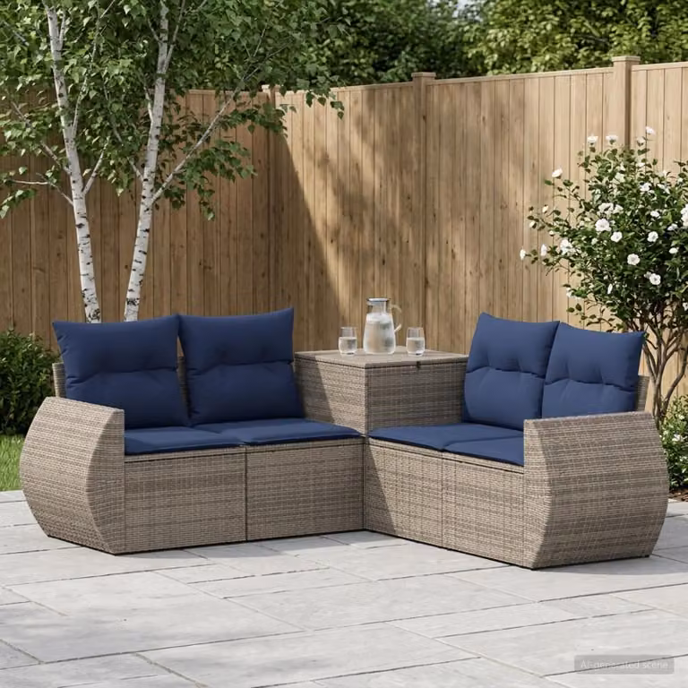 Set di divani da giardino vidaXL a forma di L con 5 pezzi in rattan e acciaio, Grigio e Blu Navy