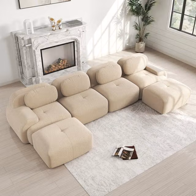 Divano angolare modulare OKWISH in tessuto corduroy beige con schienale ergonomico e base antiscivolo