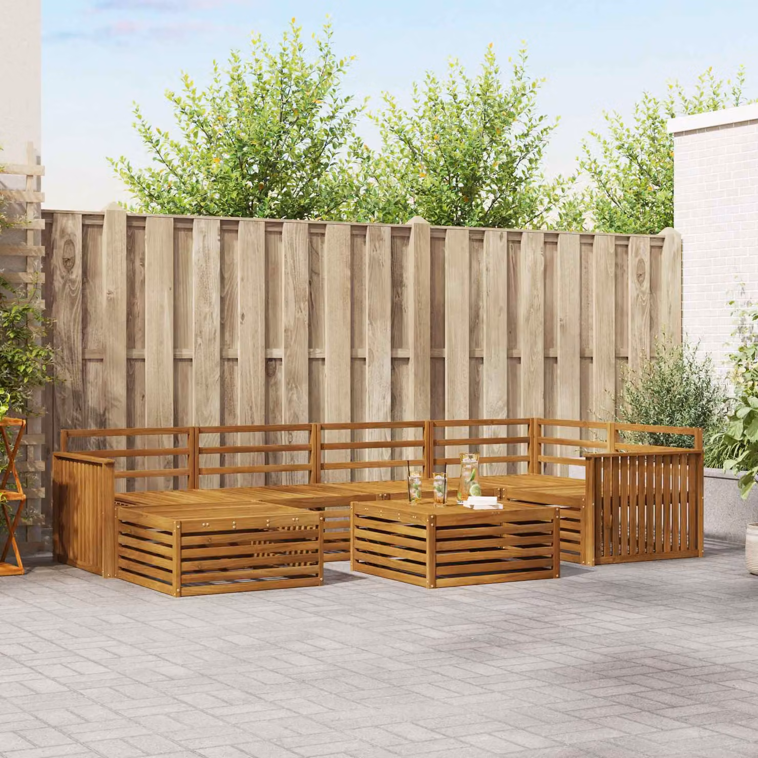 Set di divani da esterno vidaXL 7 pz in legno di acacia massello marrone con cuscini inclusi per giardino e terrazza