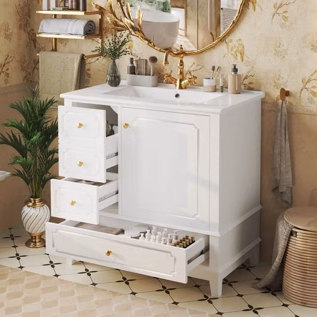 Mobile Sottolavabo con Lavabo in Ceramica ¨C MINIMAL ¨C Bianco, Maniglie Oro, 76.5cm