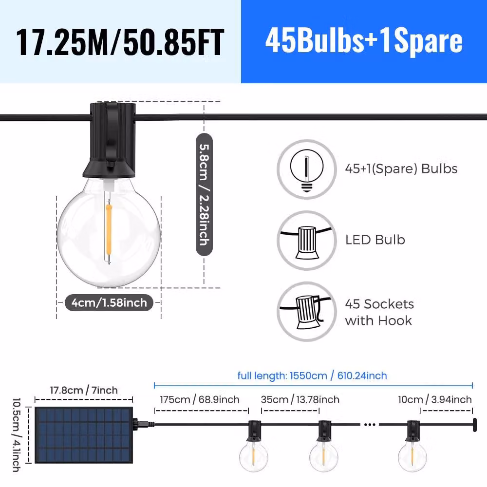 Catena luminosa solare per esterni - Illuminazione esterna G40 - 17,25 metri - 46 lampadine - Grado di protezione IP44 - Dimmerabile - Luce bianco caldo 3000 K