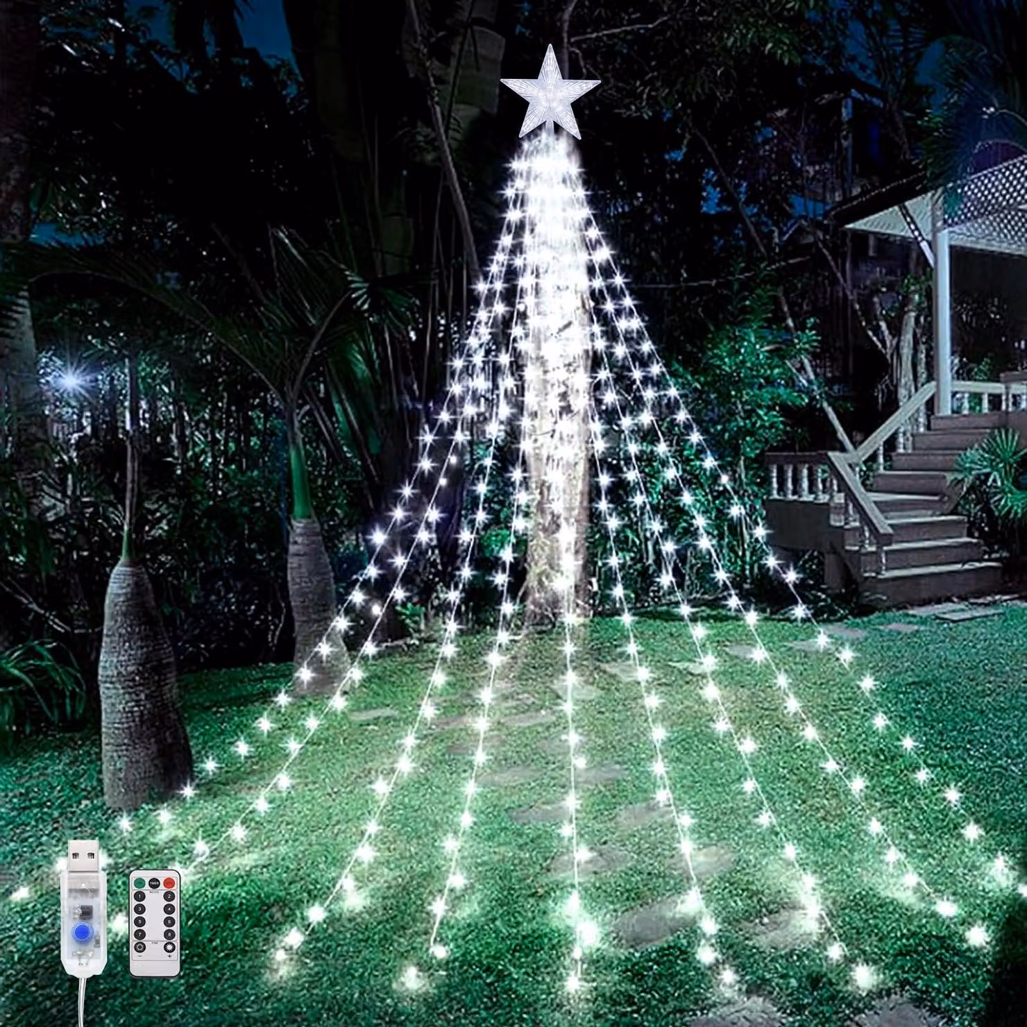 Catena luminosa a cascata natalizia, 2 metri, 198 LED, grado di protezione IP65, 8 modalità