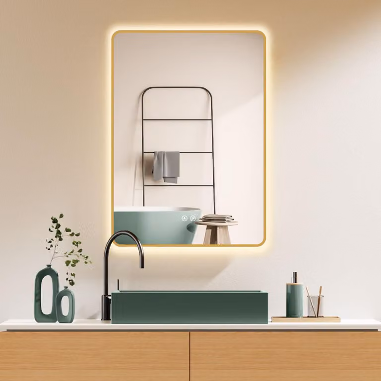 Specchio da bagno a LED, 50x70 cm, color oro, antiappannamento, sensore touch, dimmerabile