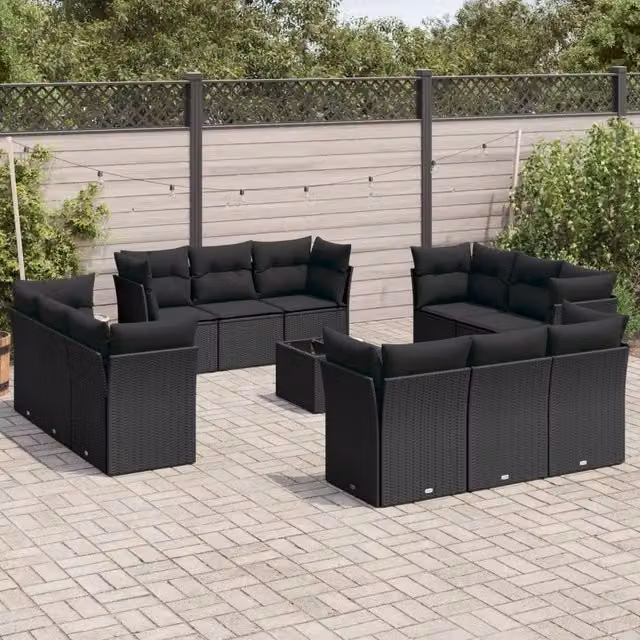Set di Divani da Giardino VIDAXL a Forma di U in Polyrattan Nero con 13 Pezzi e Cuscini – 1