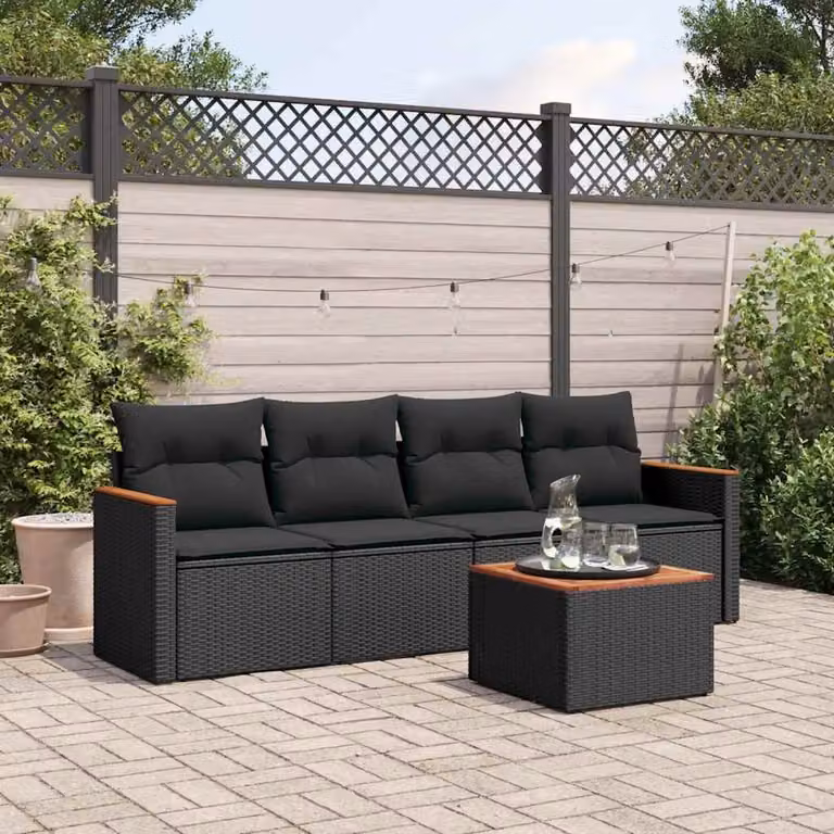vidaXL Set Divani da Giardino 5 pz in Polyrattan Nero con Cuscini e Tavolino per Terrazza e Giardino
