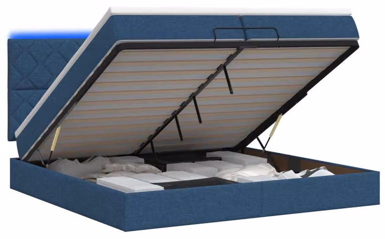 Panca contenitore in stile ottomano con materasso e illuminazione LED blu, dimensioni 200 x 200 cm, rivestita in tessuto