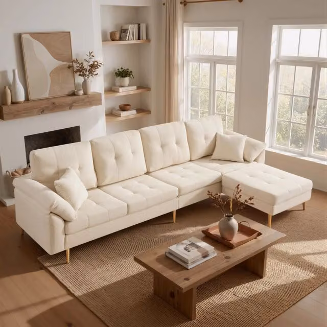 Divano dritto 4 posti con pouf mobile trasformabile in angolare a L, imbottitura spessa, in velluto a coste beige chiaro