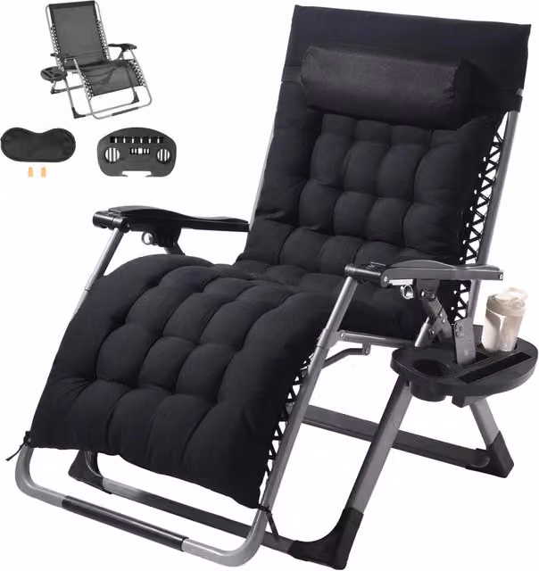 Poltrona Relax a Gravità Zero Reclinabile da Giardino, Sedia Pieghevole Regolabile 90°-170° con Poggiatesta e Portabicchieri, Carico 226,8 kg, Nero