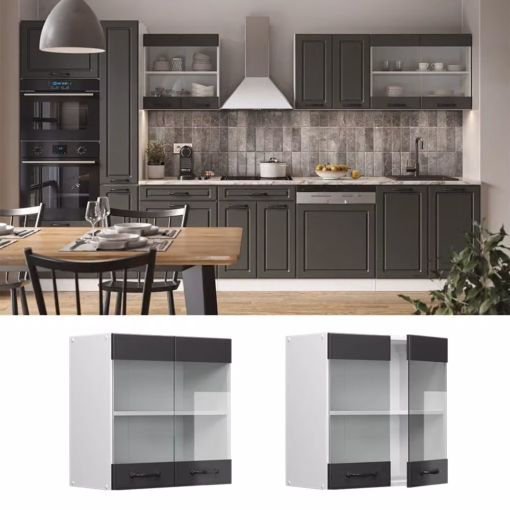 Pensile da cucina Vicco R-Line con ante in vetro, colore Antracite e Bianco, stile rustico, L: 60 cm – 2