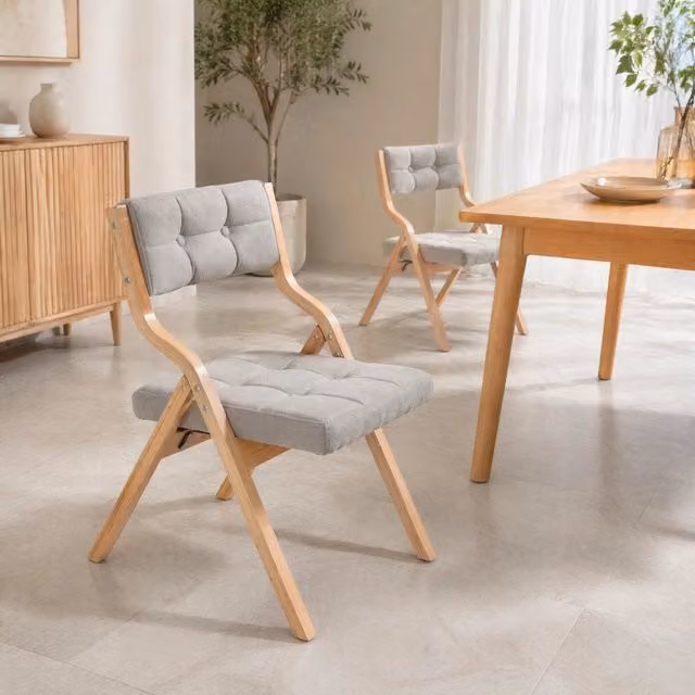 Set 2 Sedie Pieghevoli con Cuscino Imbottito in Legno, Grigio, per Cucina e Sala da Pranzo