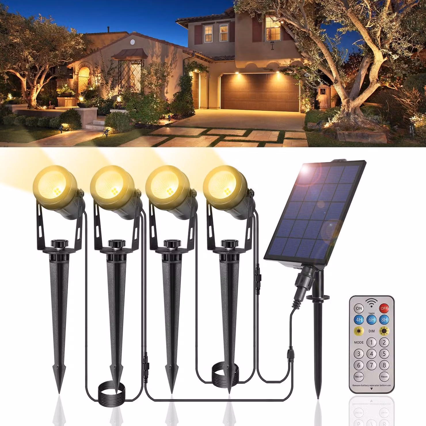 Set di 4 luci solari da giardino, lunghezza 15 metri, 12 modalità, luce bianco caldo