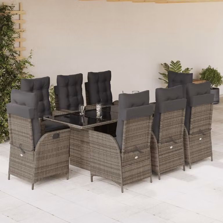 Set da pranzo da giardino vidaXL in polyrattan grigio con cuscini e piano in vetro, 9 pezzi